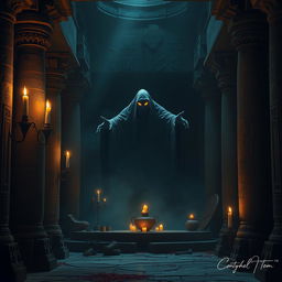 An evil ghost haunting a sacred temple, cloaked in darkness with an air of malevolence