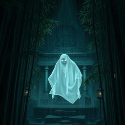 An evil ghost haunting a sacred temple located within a dense bamboo forest, set during a dark night filled with spooky rain