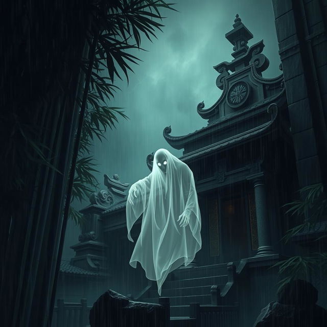 An evil ghost haunting a sacred temple located within a dense bamboo forest, set during a dark night filled with spooky rain