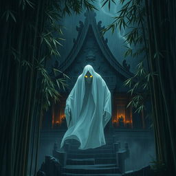 An evil ghost haunting a sacred temple located within a dense bamboo forest, set during a dark night filled with spooky rain