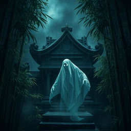 An evil ghost haunting a sacred temple located within a dense bamboo forest, set during a dark night filled with spooky rain