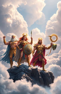 A dramatic, action-packed scene depicting the Champions of Olympus, featuring Greek mythological heroes like Zeus, Athena, Hercules, and Perseus, all dressed in ornate armor that shines with divine light