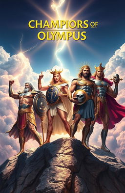 A dramatic, action-packed scene depicting the Champions of Olympus, featuring Greek mythological heroes like Zeus, Athena, Hercules, and Perseus, all dressed in ornate armor that shines with divine light