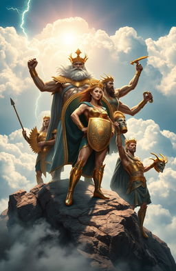 A dramatic, action-packed scene depicting the Champions of Olympus, featuring Greek mythological heroes like Zeus, Athena, Hercules, and Perseus, all dressed in ornate armor that shines with divine light