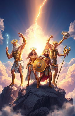 A dramatic, action-packed scene depicting the Champions of Olympus, featuring Greek mythological heroes like Zeus, Athena, Hercules, and Perseus, all dressed in ornate armor that shines with divine light