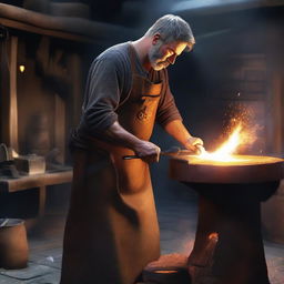 A digital art image of a burly blacksmith at work in a medieval-style shop, hammering a piece of hot iron on an anvil, with sparks flying off