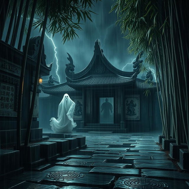 An evil ghost haunting a sacred temple nestled deep within a bamboo forest, illuminated by the haunting glow of a dark, stormy night