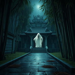 An evil ghost haunting a sacred temple nestled deep within a bamboo forest, illuminated by the haunting glow of a dark, stormy night