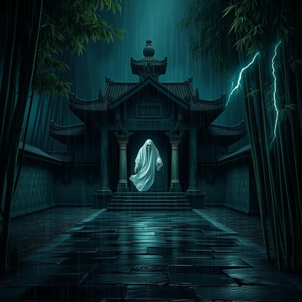 An evil ghost haunting a sacred temple nestled deep within a bamboo forest, illuminated by the haunting glow of a dark, stormy night