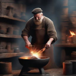 A digital art image of a burly blacksmith at work in a medieval-style shop, hammering a piece of hot iron on an anvil, with sparks flying off