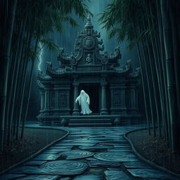 An evil ghost haunting a sacred temple nestled deep within a bamboo forest, illuminated by the haunting glow of a dark, stormy night