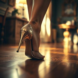 A close-up artistic shot of a woman's feet wearing elegant high heels, stepping confidently on a polished wooden floor