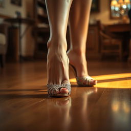 A close-up artistic shot of a woman's feet wearing elegant high heels, stepping confidently on a polished wooden floor