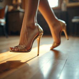 A close-up artistic shot of a woman's feet wearing elegant high heels, stepping confidently on a polished wooden floor