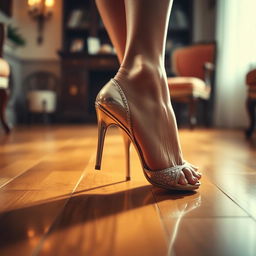 A close-up artistic shot of a woman's feet wearing elegant high heels, stepping confidently on a polished wooden floor
