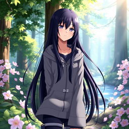 A highly detailed illustration of Hinata Hyuga from Naruto, showcasing her iconic long black hair, pale lavender eyes, and gentle demeanor