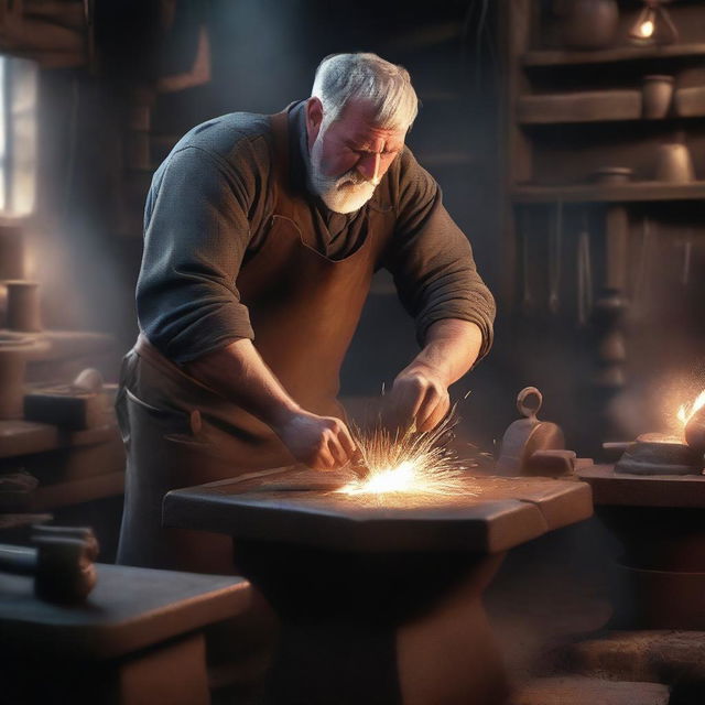 A digital art image of a burly blacksmith at work in a medieval-style shop, hammering a piece of hot iron on an anvil, with sparks flying off