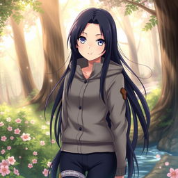 A highly detailed illustration of Hinata Hyuga from Naruto, showcasing her iconic long black hair, pale lavender eyes, and gentle demeanor