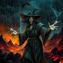 An evil witch conjuring dark magic in a hellish landscape during a stormy, rainy night