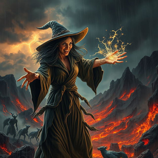 An evil witch conjuring dark magic in a hellish landscape during a stormy, rainy night