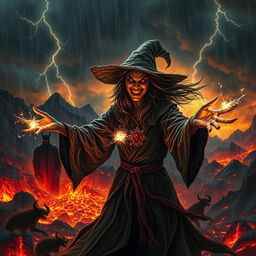 An evil witch conjuring dark magic in a hellish landscape during a stormy, rainy night