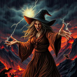 An evil witch conjuring dark magic in a hellish landscape during a stormy, rainy night