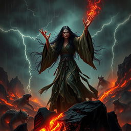 An evil Chinese witch conjuring dark magic on a stormy night in a hellish landscape