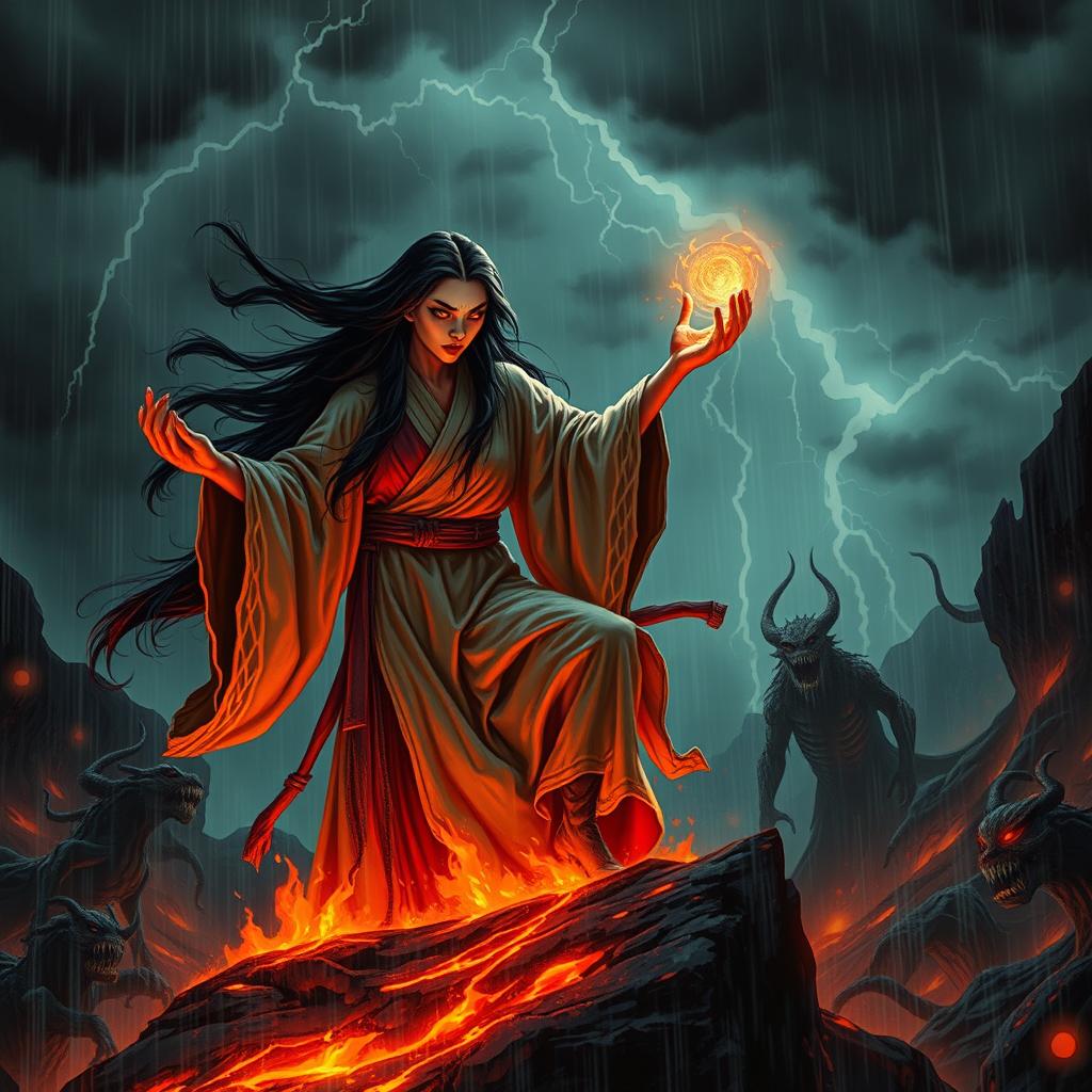 An evil Chinese witch conjuring dark magic on a stormy night in a hellish landscape