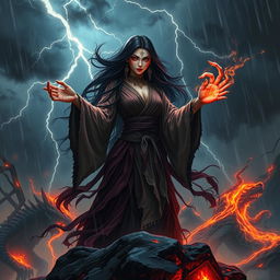 An evil Chinese witch conjuring dark magic on a stormy night in a hellish landscape