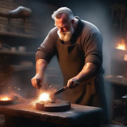 A digital art image of a burly blacksmith at work in a medieval-style shop, hammering a piece of hot iron on an anvil, with sparks flying off