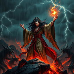 An evil Chinese witch conjuring dark magic on a stormy night in a hellish landscape