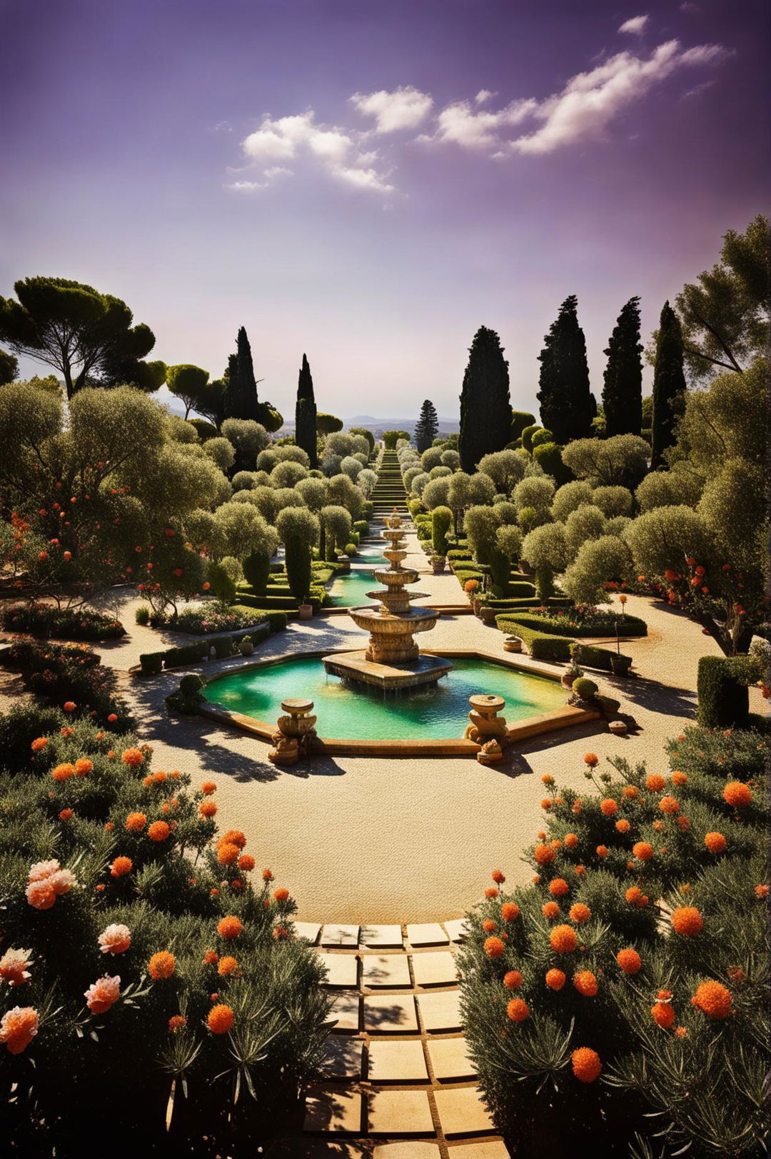 An ultra-wide angle, high-quality digital photograph of a lush Mediterranean botanical garden in spring bloom, showcasing a serene water fountain, fruiting orange trees, and a breathtaking sky bathed in warm light