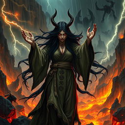 An evil Chinese witch performing dark rituals on a stormy night in a hellish setting