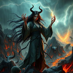 An evil Chinese witch performing dark rituals on a stormy night in a hellish setting