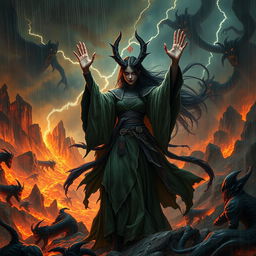 An evil Chinese witch performing dark rituals on a stormy night in a hellish setting