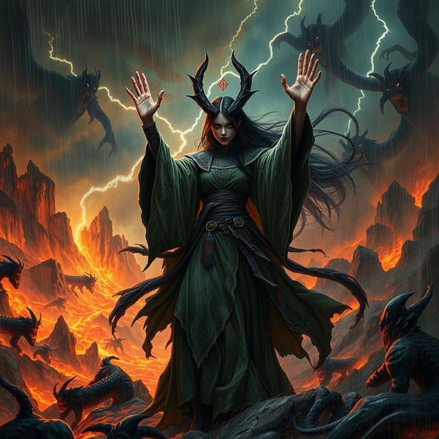 An evil Chinese witch performing dark rituals on a stormy night in a hellish setting