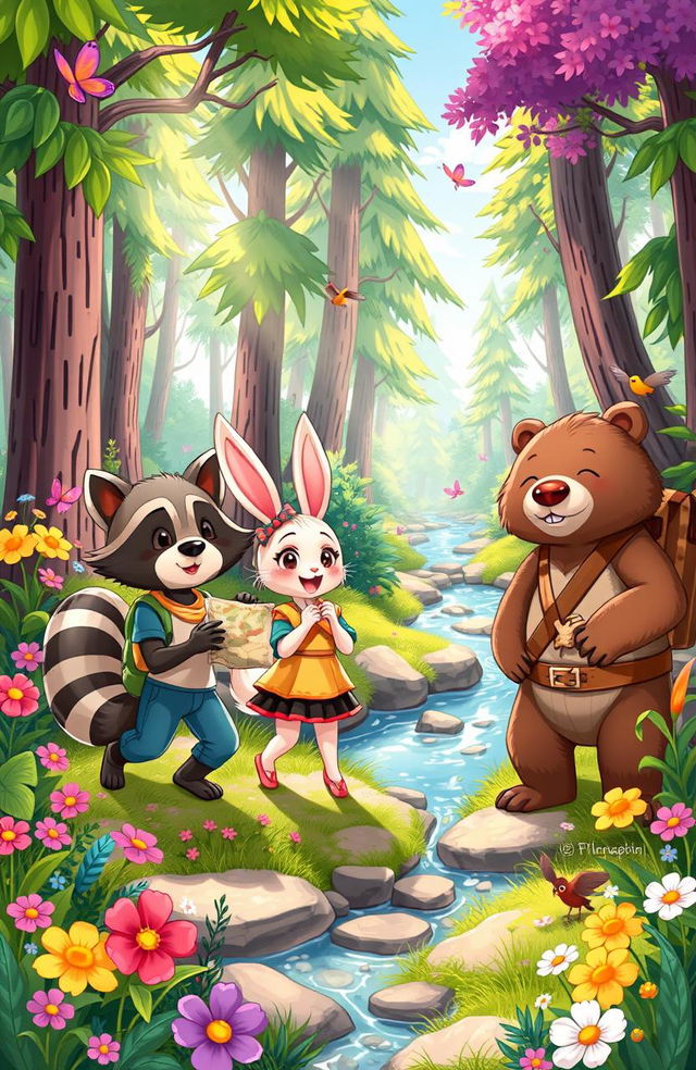 A vibrant illustration depicting the adventures of three anthropomorphic animal friends, Mak the clever raccoon, Lila the curious rabbit, and Benny the brave bear