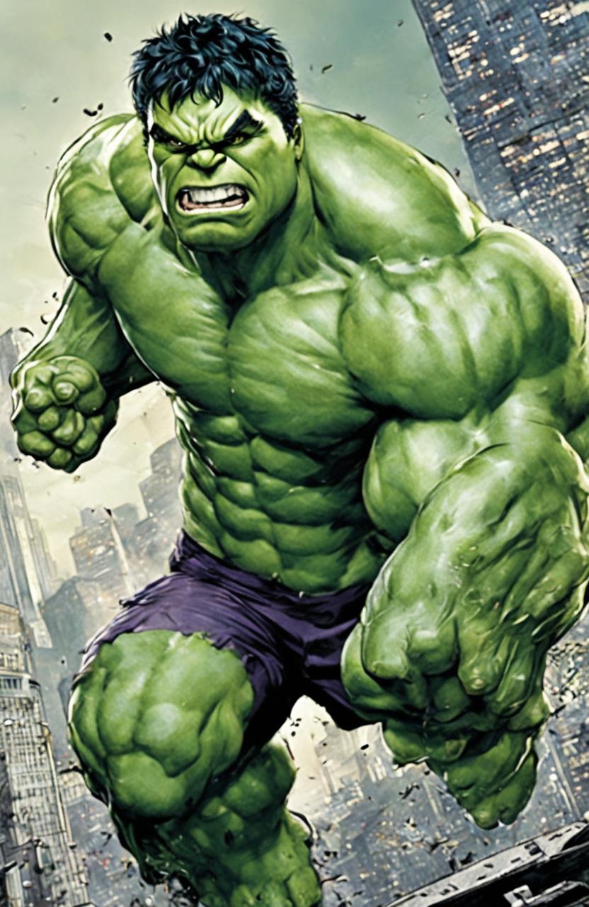 A high-quality coloring page featuring the Marvel character, Hulk, in a dynamic pose