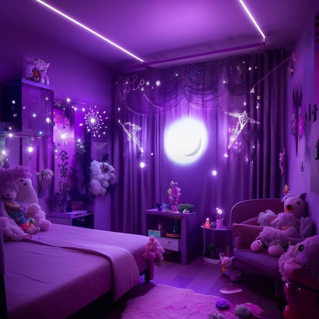 A modern room reflecting tomboy and girly aesthetics, color palette with shades of purple, black, white, and grey. Room is adorned with fairy, moon, star lights, and elements related to anime, kdrama, and Sanatan Dharma.