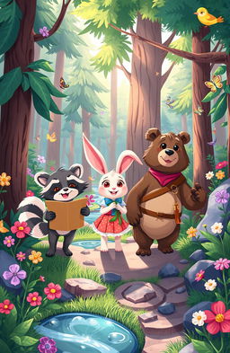 A vibrant illustration depicting the adventures of three anthropomorphic animal friends, Mak the clever raccoon, Lila the curious rabbit, and Benny the brave bear