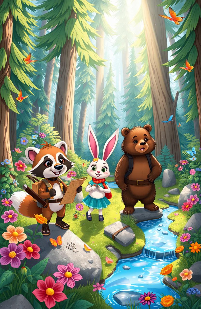 A vibrant illustration depicting the adventures of three anthropomorphic animal friends, Mak the clever raccoon, Lila the curious rabbit, and Benny the brave bear