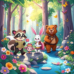 A vibrant illustration depicting the adventures of three anthropomorphic animal friends, Mak the clever raccoon, Lila the curious rabbit, and Benny the brave bear