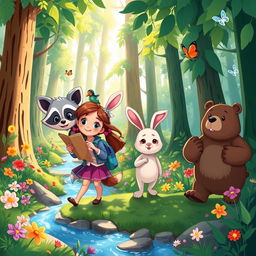 A vibrant illustration depicting the adventures of three anthropomorphic animal friends, Mak the clever raccoon, Lila the curious rabbit, and Benny the brave bear