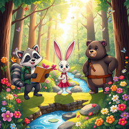 A vibrant illustration depicting the adventures of three anthropomorphic animal friends, Mak the clever raccoon, Lila the curious rabbit, and Benny the brave bear