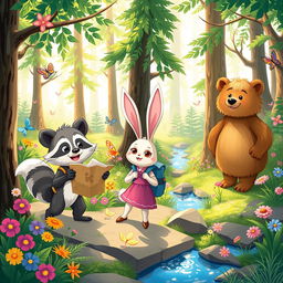 A vibrant illustration depicting the adventures of three anthropomorphic animal friends, Mak the clever raccoon, Lila the curious rabbit, and Benny the brave bear