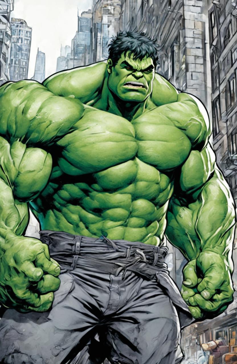 A high-quality coloring page featuring the Marvel character, Hulk, in a dynamic pose