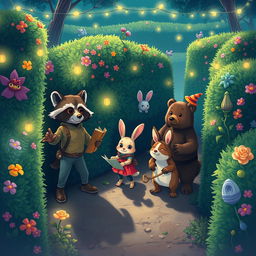 A captivating illustration depicting the adventures of three anthropomorphic animal friends, Mak the clever raccoon, Lila the curious rabbit, and Benny the brave bear, as they navigate through a magical maze