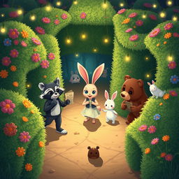 A captivating illustration depicting the adventures of three anthropomorphic animal friends, Mak the clever raccoon, Lila the curious rabbit, and Benny the brave bear, as they navigate through a magical maze