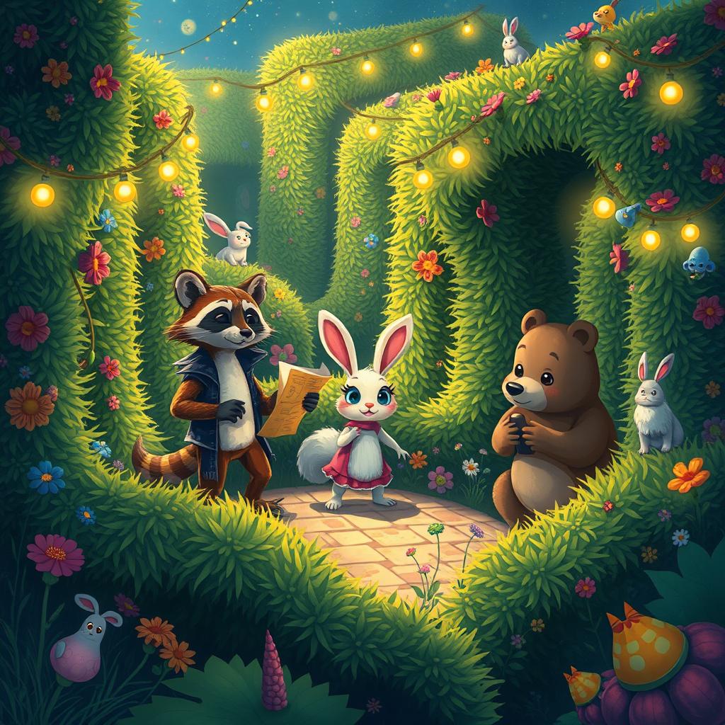 A captivating illustration depicting the adventures of three anthropomorphic animal friends, Mak the clever raccoon, Lila the curious rabbit, and Benny the brave bear, as they navigate through a magical maze