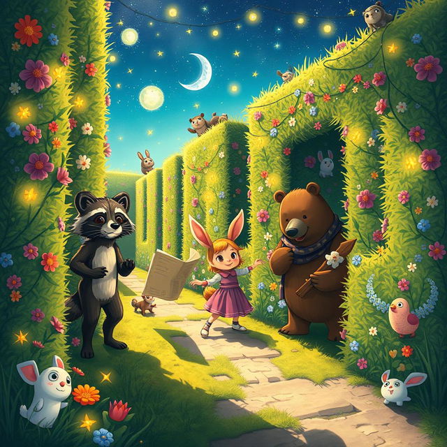 A captivating illustration depicting the adventures of three anthropomorphic animal friends, Mak the clever raccoon, Lila the curious rabbit, and Benny the brave bear, as they navigate through a magical maze